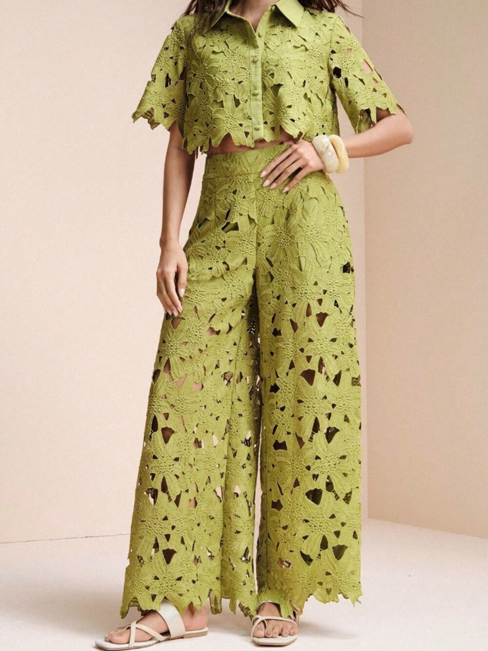 Green Party Women's Laser Cut Embroidered Crop Top & Wide Leg Pants Set